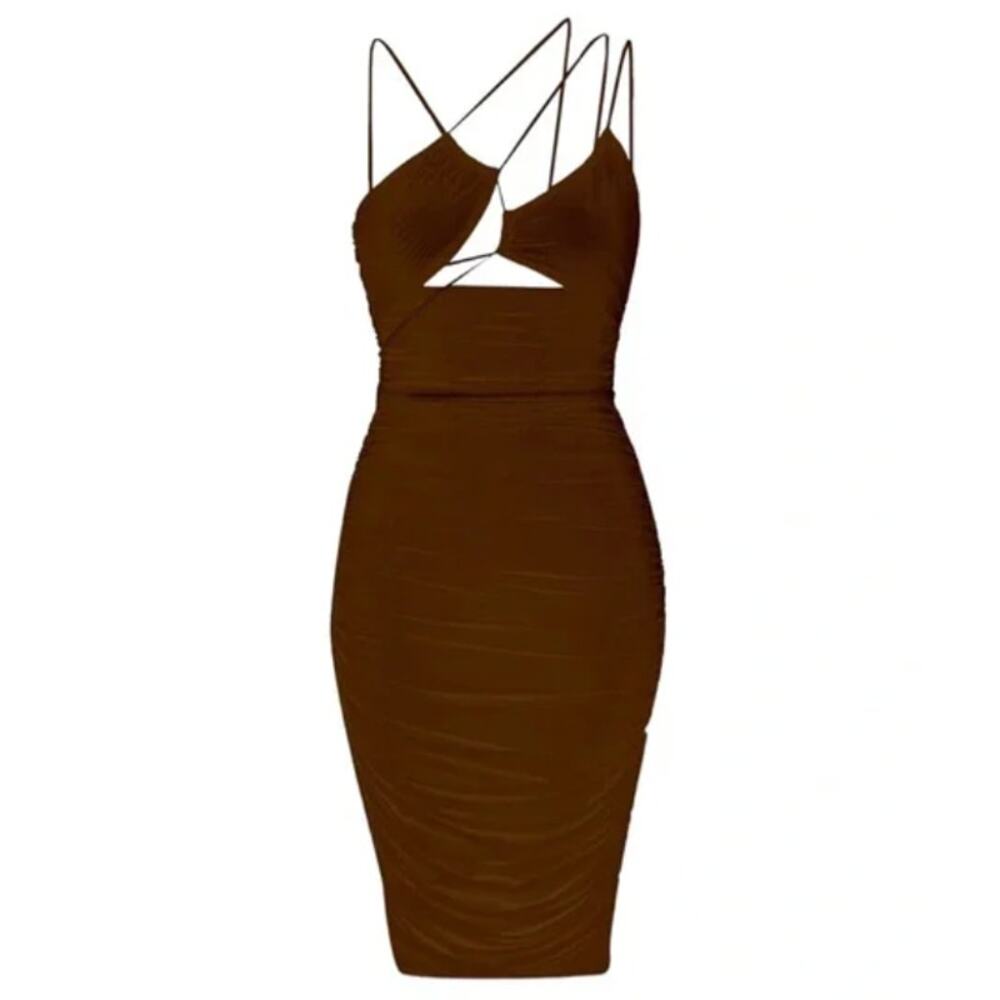NWT LEAU Seoul Strap Cut-out Mesh Bodycon Dress Strappy Ruched Brown Sz XS Sexy - Picture 12 of 12